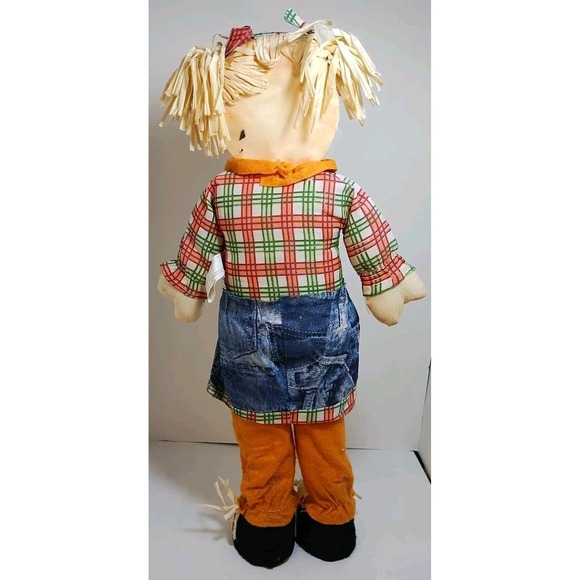 22" Standing ScareCrow Fall Denim‎ Dress Plaid Autumn Thanksgiving Decor Girl - Picture 4 of 9